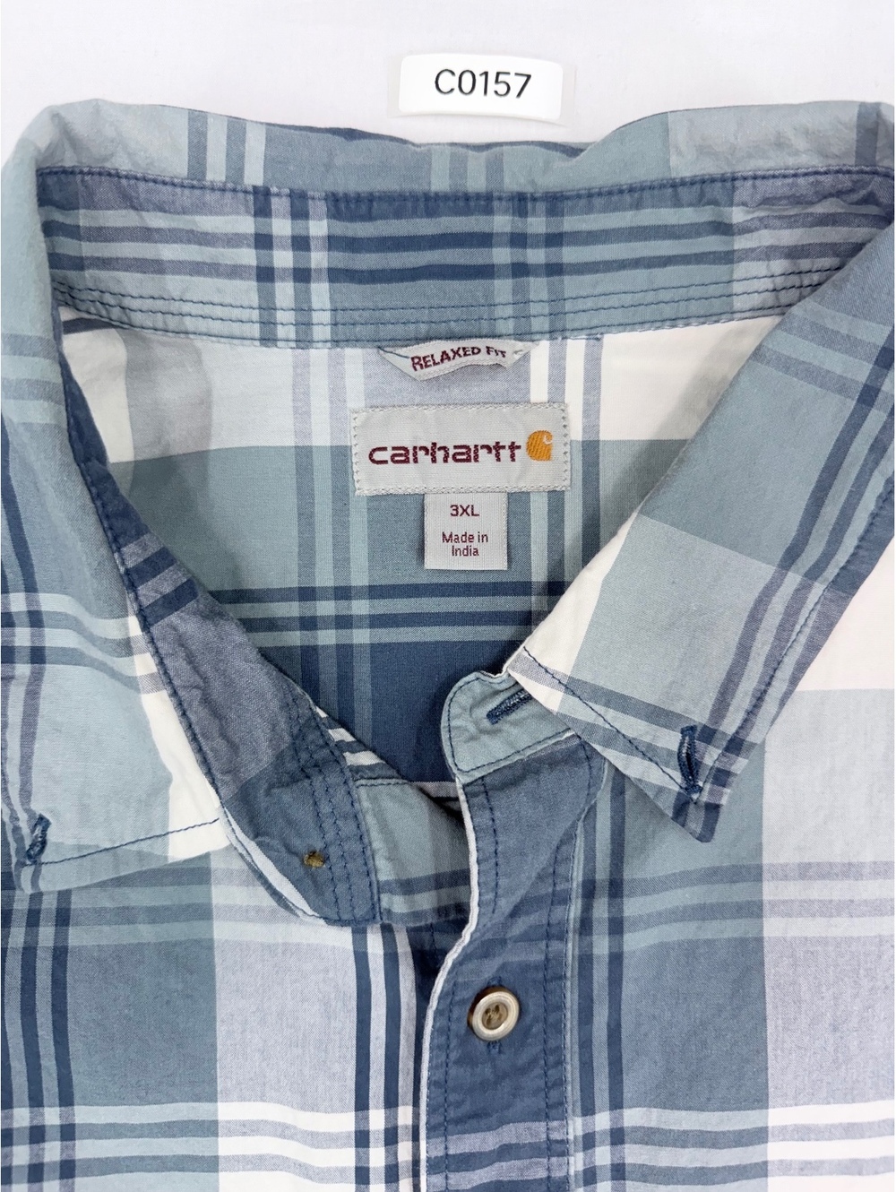 Carhartt Men's 3XL Relaxed Fit Short Sleeve Plaid Button-Up Shirt Blue White